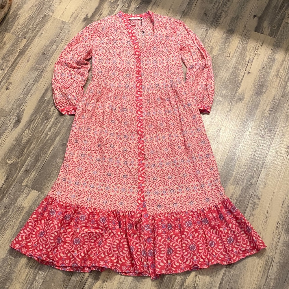 Zara Boho Ruffle Pink Maxi L/S Lightweight Cotton Dress XS